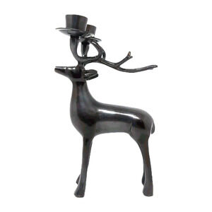 Reindeer Christmas Candle Holder Heavy Metal Bronze Color Holds 2 Taper Candles‎